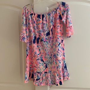 Lilly Pulitzer Girls Dress off shoulder Pink & Navy size XL (12-14) Flamingos